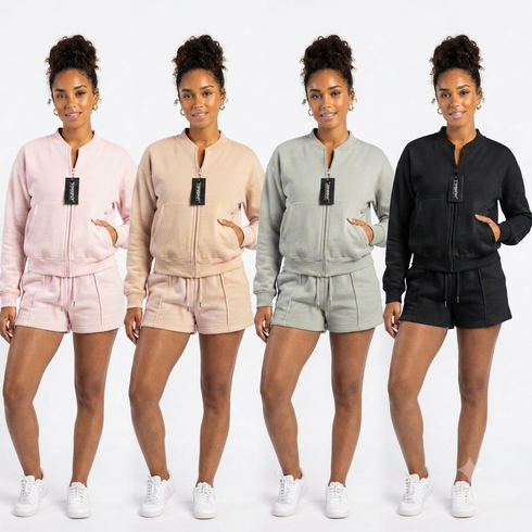 Turnhint Women's Fleece Zip-Up Bomber Jacket & Seam-Detailed Short Set