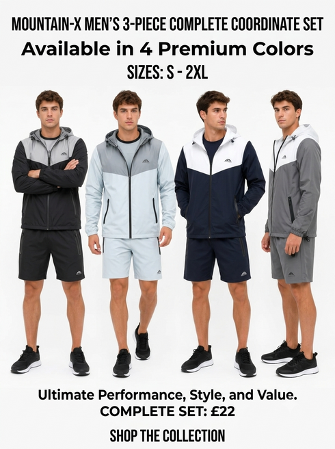 MOUNTAIN-X Men's 3-Piece Complete Coordinate Set Windbreaker, Tee & Shorts