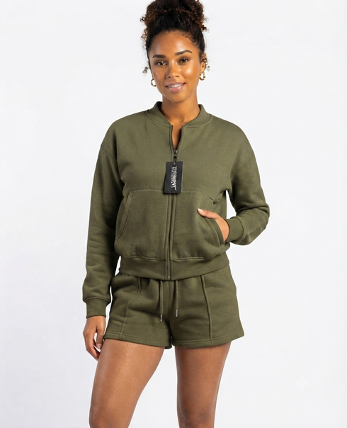 Turnhint Women's Fleece Zip-Up Bomber Jacket & Seam-Detailed Short Set