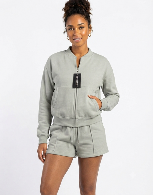 Turnhint Women's Fleece Zip-Up Bomber Jacket & Seam-Detailed Short Set