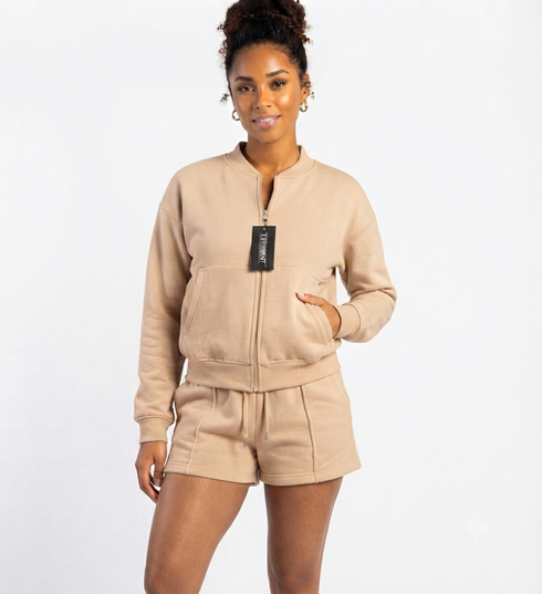 Turnhint Women's Fleece Zip-Up Bomber Jacket & Seam-Detailed Short Set