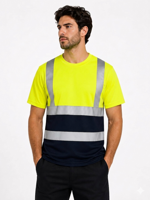 Mens Hi-Vis Safety Work Short Sleeve Shirt, High Visibility Reflective Tape Utility Tee for Construction & Security T-Shirt