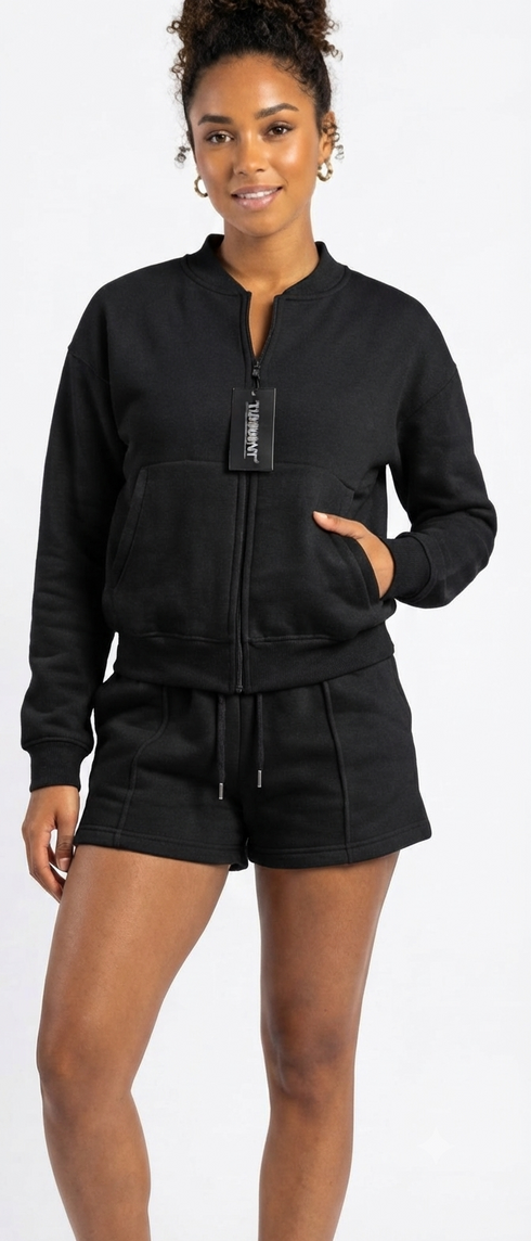 Turnhint Women's Fleece Zip-Up Bomber Jacket & Seam-Detailed Short Set