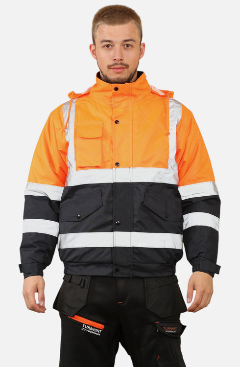 Men High Visibility Workwear Bomber Jacket Padded Hooded Top