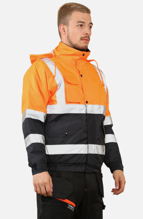 Men High Visibility Workwear Bomber Jacket Padded Hooded Top
