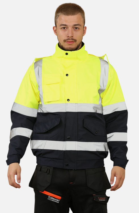 Men High Visibility Workwear Bomber Jacket Padded Hooded Top