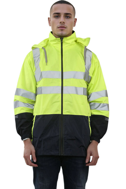 Mens Hi-Vis Waterproof Safety Rain Jacket Reflective Workwear Zip-Up Hoodie with Hood