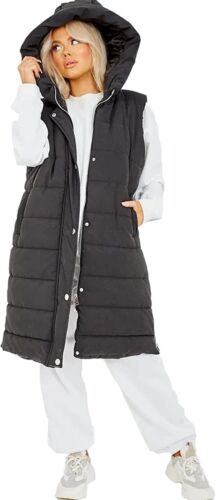 WOMENS LADIES LONG LINE HOODED PUFFER GILET JACKET PADDED VEST TOP BODY WARMER