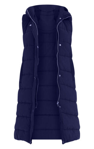 WOMENS LADIES LONG LINE HOODED PUFFER GILET JACKET PADDED VEST TOP BODY WARMER