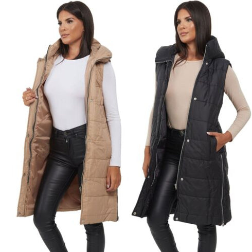 WOMENS LADIES LONG LINE HOODED PUFFER GILET JACKET PADDED VEST TOP BODY WARMER